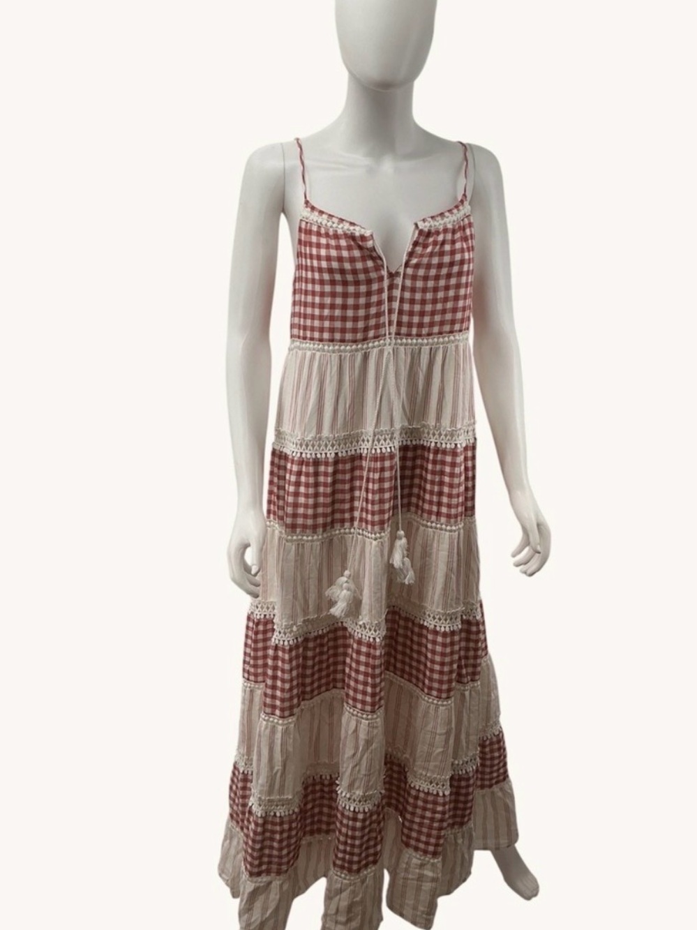 Chelsea & Violet Red Gingham Striped Tiered Maxi Dress XS Cotton Boho Tassel - Picture 3 of 7
